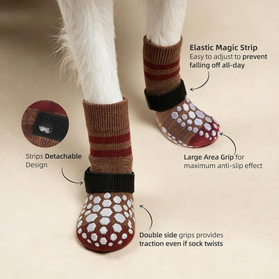PUPTECK Anti-Slip Dog Socks with Double Sides for Small Medium Large Dogs Hardwood Floors Prevents Licking, Dog Shoes for Hot Pavement Traction Control Paw Protector for Senior Dogs, Striped Brown L