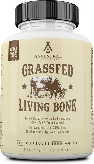 Ancestral Supplements Grass Fed Beef Living Bone Supplement, Bone Meal Capsules Support Bone Health, Oral and Joint Health and Flexibility, Non-GMO, 180 Capsules