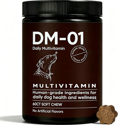 DM-01 Daily Multivitamin - Advanced Skin & Coat Support, Multivitamin Itch Relief Chews for Dog with HCI & MSM, Salmon Oil, Chondroitin & Vitamins, Promotes Skin and Coat Healthy, 60 Chews, Beef