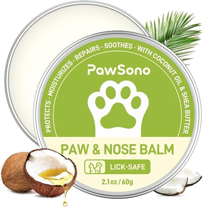 PawSono Lick-Safe Dog Paw & Nose Balm with Coconut Oil | All-Natural Moisturizer & Soother for Dry, Cracked Pads & Snout | Summer Hot Pavement & Sand Paw Wax, Nose Butter for Bulldogs (2.1 oz / 60 g)