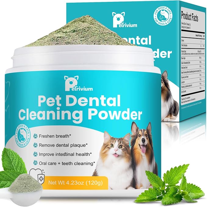 Dog Dental Powder - Teeth Cleaning Powder for Dogs Dental Care and Bad Breath Fresh, Plaque Reduce, Tartar Remover with Enzyme, Probiotics. PlaqueOff Pet Tooth Cleaning 120 Grams 60 Days Supply