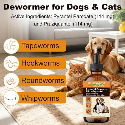 7-Way Dewormer Liquid for Dogs & Cats (Pyrantel Pamoate/Praziquantel), Digestive Health & Vitality Support, 3.38 fl oz