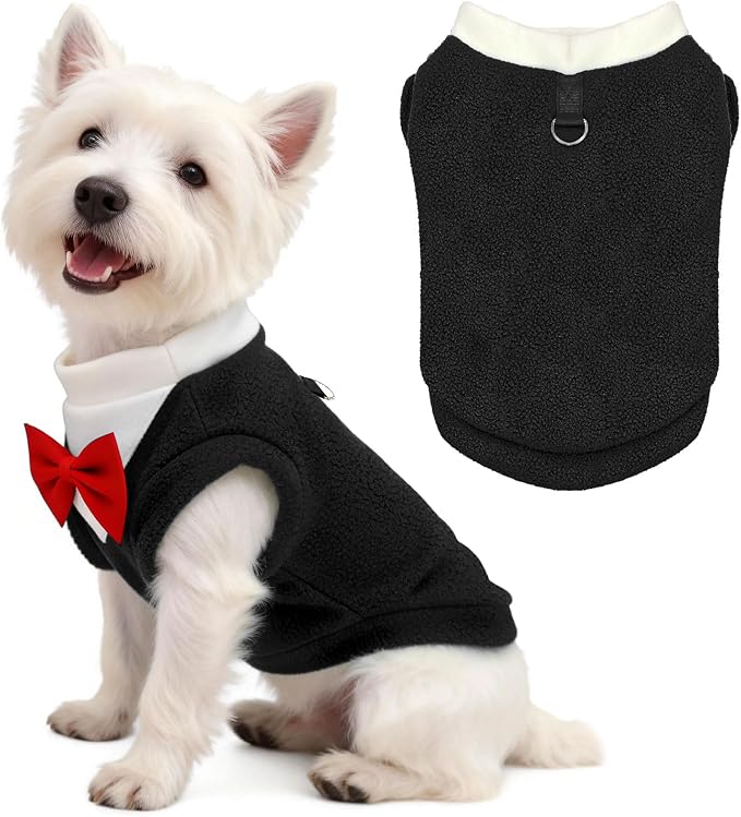 Cute Dog Fleece Sweater with D-Ring, Fall Winter Dog Clothes Tuxedo Costume with Bowtie, Soft Puppy Sweatshirt Chihuahua Yorkie Apparel Poodle Outfits for Small Medium Large Dogs(Black,XXL)