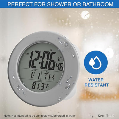 Sonnet Shower Clock for Bathroom and Kitchen - Large Digital Display Shows Time, Date, Day of The Week and Temperature. Large Suction Cups, Hanging Hole, and Kick Stand - Atomic Clock