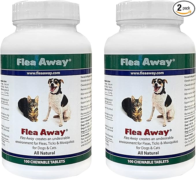 Flea Away All Natural Supplement for Fleas, Ticks, and Mosquitos Prevention for Dogs and Cats, 100 Chewable Treat Tablets, 2 Pack