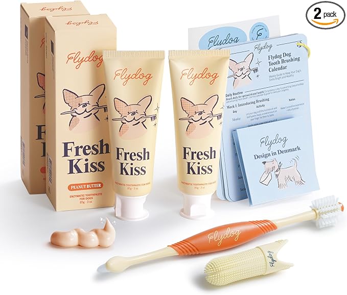 FlyDog Fresh Kiss Dog Tooth Brushing Kit - Vet Approved Formula, Enzymatic Dog Toothpaste and Brush - Breath Freshener & Tartar Remover, 360° Toothbrush & Finger Brush, Dental Guide, Peanut Butter