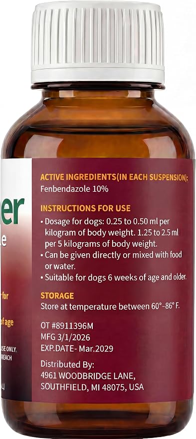 Dewormer Liquid for Dogs, Fenbendazole for All Wormers, Broad Spectrum, Safe for 6 Weeks and Older