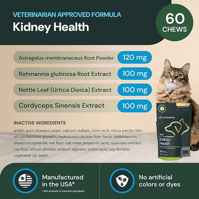 Vetriscience Veterinary Strength Kidney Health Chews - Balanced Kidney Support for Pets - Feline & Canine Renal Support - Holistic Formula - Chicken Liver Flavor - 60 Count