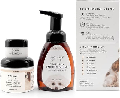 Eye Envy 3 Step Tear Stain Remover Kit for Dogs. for Clean, Stain-Free Eyes. Contains: Cleanser, Tear Stain Eye Wipes & Stain Powder. Non-irritating & Natural Dog Tear Stain Remover. Made in USA