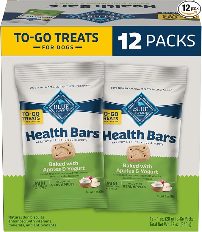 Blue Buffalo Health Bars Mini Natural Crunchy Dog Treats to-GO, Mini Biscuits, Apple & Yogurt 1-oz Bags (Pack of 12)