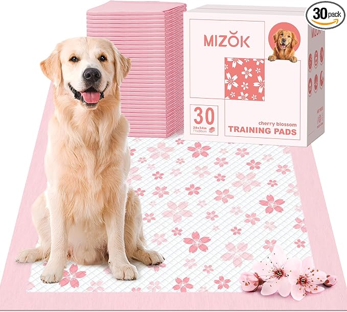MIZOK Dog Pee Pads Extra Large 28"x34", Potty Pads for Big Dog Breeds, Super Absorbent & Leak-Proof, Pink Cherry Blossom Prints, Thick & Heavy, 4-Corner Adhesive Tabs, XL (30 Counts)