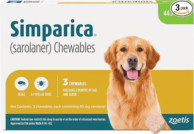 Simparica (sarolaner) Chewables for Dogs, 80 mg/tab, 44.1-88 lbs (Green), 3 Tablets