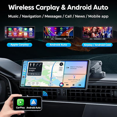 JATAZA 10.26" Wireless Apple Carplay Screen for Car, Secure Strong Bracket, Portable Apple CarPlay& Android Auto Car Stereo with GPS Navigation, Bluetooth, Mirror Link, Voice Control,Fits All Vehicles