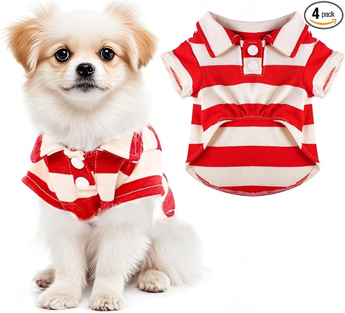 Dog Shirt Polo Shirt Striped Collar Puppy Clothes Summer Button Up Pet Clothes for Small Medium Dogs Cats for Boy Girl Pets (Red, Medium)