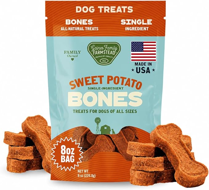 Gaines Family Farmstead Sweet Potato Dog Bones – 8 oz Bag, All-Natural, Single Ingredient, Grain-Free Dog Treats for Digestive Health, High Fiber - Training & Rewards, Made in USA