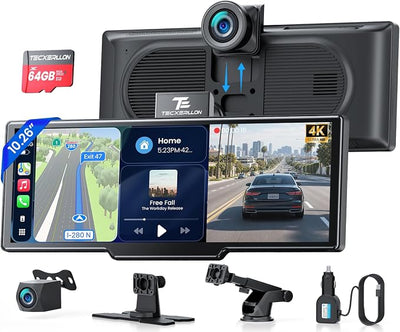 TECXERLLON 10.26" Portable Apple CarPlay Screen for Car with 4K Dash Cam and 1080P Backup Camera, Wireless Car Play & Android Auto, OTA, GPS Navigation, Voice Control, Mirror Link
