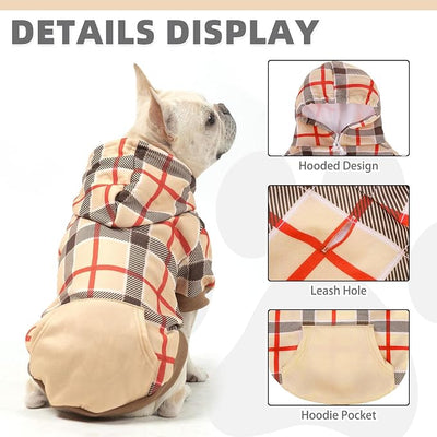 KOOLTAIL Plaid Dog Hoodie for Small Medium Large Dogs - Pet Clothes Sweater with Hat and Pocket for Cold Weather Winter, Warm Soft Dog Hooded Sweatshirt Coat Outfit for Puppy Cats Girls Boys Beige S