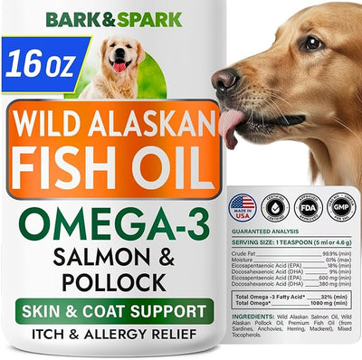 BARK&SPARK Omega 3 Fish Oil for Dogs - w/Wild Alaskan Salmon Oil for Dogs, Fish Oil Liquid Supplement for Pets, EPA+DHA Fatty Acids, Skin&Coat Support - Itch&Allergy Relief, Joint - Alaskan Salmon