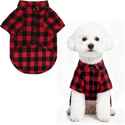 PUPTECK Plaid Dog Shirt, Cute Puppy Cat Polo T-Shirt, Soft Pet Clothes Boy for Small Medium Dogs, Square Red, M
