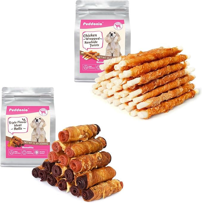 Chicken Duck Beef Meat Rolls Dog Treats 21.16 oz & Chicken Wrapped Rawhide Sticks 14.1oz