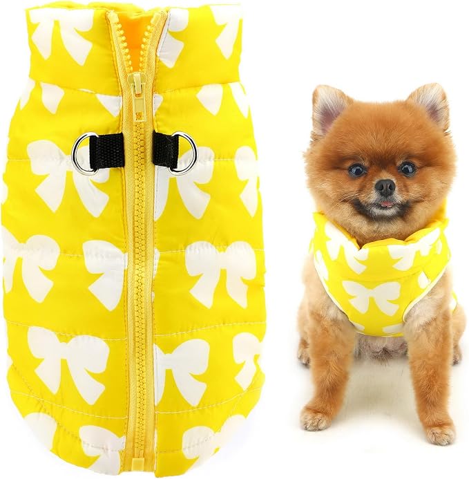 SMALLLEE_LUCKY_STORE Pet Water Resistant Winter Jacket Vest with D-Ring for Small Dog Cat Zip-up Padded Puppy Coat Chihuahua Yorkie Kitten Warm Clothes, Yellow, M