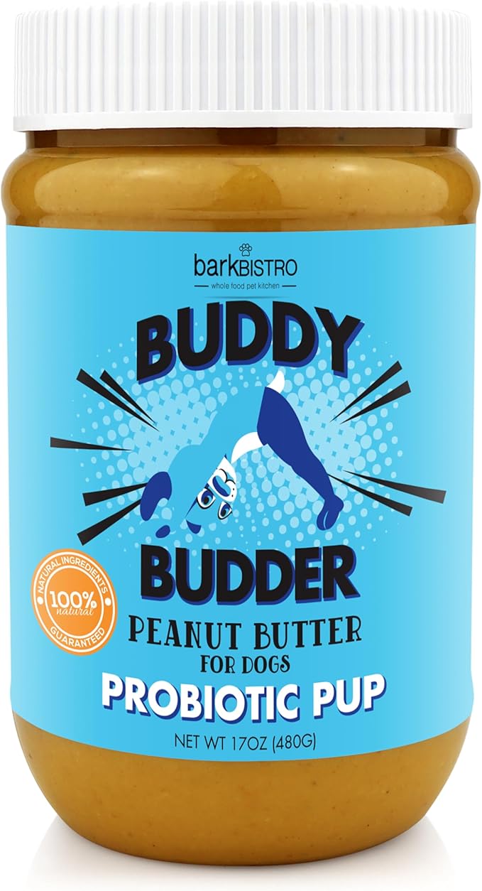 BUDDY BUDDER Bow-Wow Blueberry (probiotic + prebiotic), 100% Natural Dog Peanut Butter, Healthy Peanut Butter Dog Supplement, Made in USA (17oz Jar)
