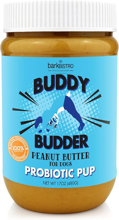 BUDDY BUDDER Bow-Wow Blueberry (probiotic + prebiotic), 100% Natural Dog Peanut Butter, Healthy Peanut Butter Dog Supplement, Made in USA (17oz Jar)