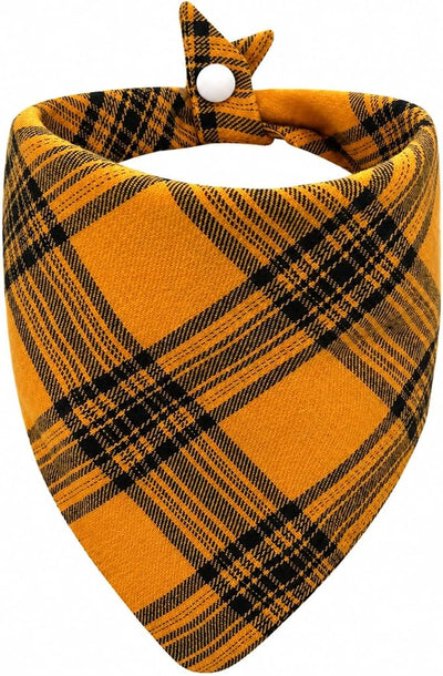 Dog Bandana Black & Orange Plaid - 100% Cotton Soft, Adjustable Snap,Large