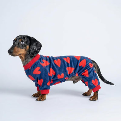 Fitwarm Valentines Day Sweet Hearts Dog Pajamas, Dog Winter Clothes for Small Dogs Girl Boy, Lightweight Velvet Pet Jumpsuit, Cat Onesie, Dark Blue, Red, Large
