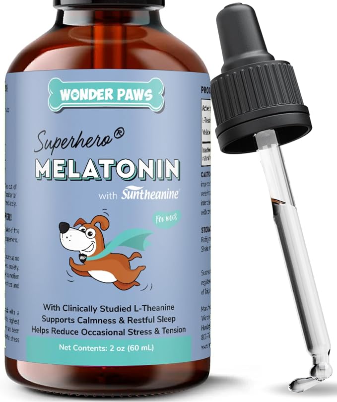 Wonder Paws Melatonin for Dogs – with L-Theanine (Suntheanine®) – Occasional Anxiety Relief for Dogs, Stress, Calming, Relaxation & Sleep Support – Liquid Dog Melatonin 2oz (60ml)