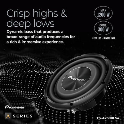Pioneer A-Series TS-A2500LS4 10” Subwoofer – 1200W Max, Shallow-Mount Design, Deep Bass in Tight Spaces