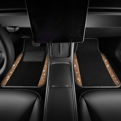 CAR PASS Bling Diamond Car Floor Mats, Shining Rhinestone Carpet Sparkly Glitter Crystal with Anti-Slip PVC Heel Pad Waterproof Universal Fit Automotive SUV,Sedan,Van,Cute Girl Women,4pcs Golden