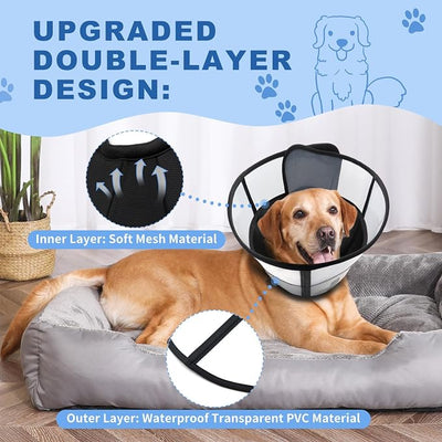WinWeal Upgraded Soft Dog Cone Collar for Large Medium Dogs After Surgery – Adjustable Transparent Recovery Collar, Breathable Elizabethan E-Collar for Wound Healing & Anti-Licking (XXL, Black)