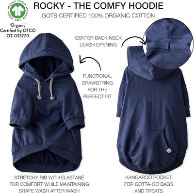 Pet Passion Rocky – The Original Lightweight Hooded Tee 100% Organic Cotton Dog Hoodie Pet Coat Sweater for All Sized Dogs, Original Navy, XX-Small (4-7 lbs)