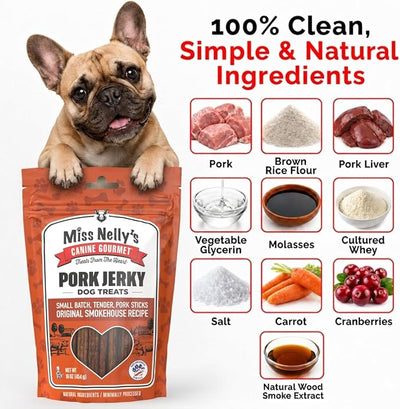 Miss Nelly's- All Natural Pork Jerky Dog Treats Made in USA Only-Original Smoke House Recipe-Minimally Processed Soft Sticks Dog Jerky Treats-16 oz. Bags