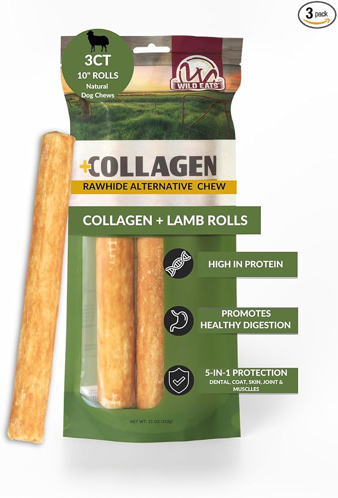 Wild Eats Lamb Flavor Collagen Retriever Style Cheek Rolls 10" Dog Chews-3 Pack (Long Lasting Dog Chews Treats & Bones for Medium Dogs) Substitute for Pig Ears for Dogs