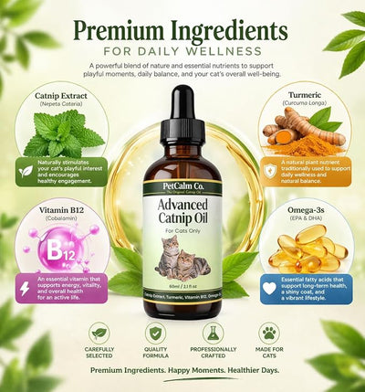 Advanced Catnip Oil for Cats - Lickable & Playable Formula to Promote Calm Behavior and Relaxation - Potent Liquid Extract for Food, Toys & Training - 2 fl oz,60ml