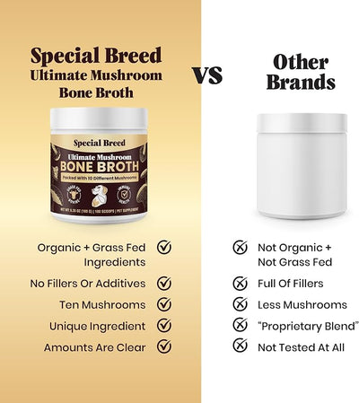Beef Bone Broth for Dogs - High Protein Powder with Ten Organic Mushrooms & Collagen - Immune, Joint, Digestion & Cognitive Support - Tasty Dog Food Topper - Natural Hydration Booster