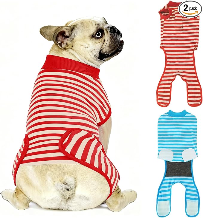 2 Packs Breathable Cotton Dog Recovery Suit for After Neuter Spay Abdominal Wounds Protector, Professional Anti-Licking Onesies for Male Female Pets Surgery Bandages, M Red & Blue Stripes
