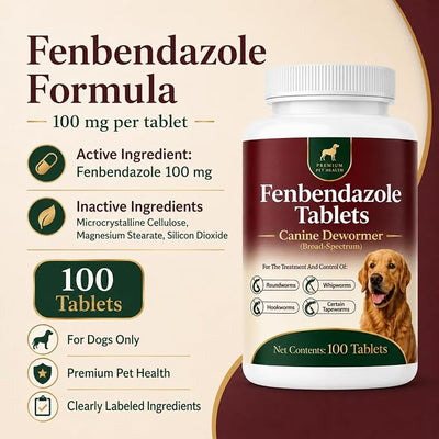 Canine Dewormer for Dogs (fenbendazole),for Treatment and Control of Tapeworms, Roundworms, Hookworms and Whipworms,100 Tablets, 100 mg per Tablet, Oral Tablets with Weight-Based Directions