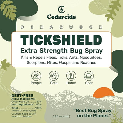 Cedarcide Extra- Strength Tickshield | Deep Woods Cedar Oil Tick & Mosquito Repellent Spray Kills & Repels Ticks, Fleas, Chiggers and Mosquitoes| For People & Pets | Natural Essential Oils | Quart