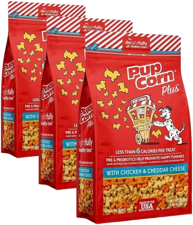 Pupcorn Plus - Puffed Dog Treats with Prebiotics and Probiotics - Chicken and Cheddar Cheese (4oz) - Made in USA (Pack of 3)