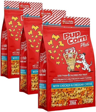 Pupcorn Plus - Puffed Dog Treats with Prebiotics and Probiotics - Chicken and Cheddar Cheese (4oz) - Made in USA (Pack of 3)