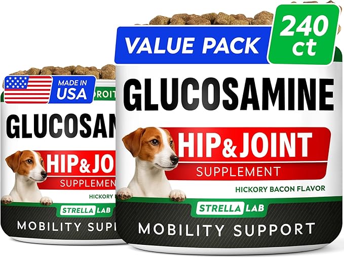 Glucosamine Treats for Dogs - Joint Supplement w/Omega-3 Fish Oil - Chondroitin, MSM - Advanced Mobility Chews - Joint Pain Relief - Hickory Bacon Flavor - Dogs & Horses - 240 Ct - Made in USA