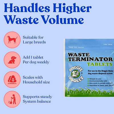 Doggie Dooley Waste Terminator Tablets - 36 Count - Pet Digester Concentrate for In-Ground Disposal Unit - Break Down Solid Waste - Resealable Pouch - Weekly Formula for Large Breeds - White