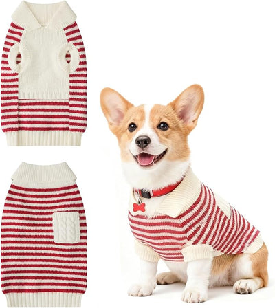 Small Dog Sweater, Knitted Striped Pullover Dog Clothes for Cold Weather, Thick Warm Cozy Stretchy Sweater for Chihuahua, Bulldog, Dachshund, Pug(Red & White Strip, M)