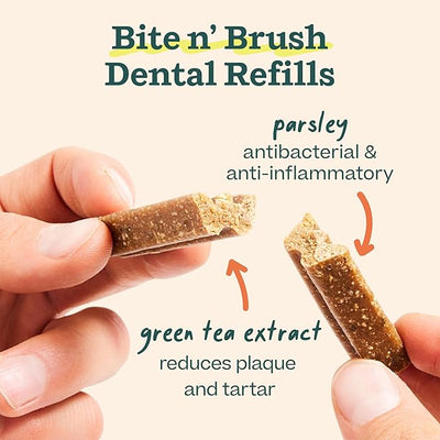 WOOF - Bite n' Brush Refills Treats for the Dog Toothbrush Toy - Scrub Plaque and Tartar from Your Dog's Teeth and Mouth - Dog Dental Sticks - 36 Refills - Beef - 2 Pack