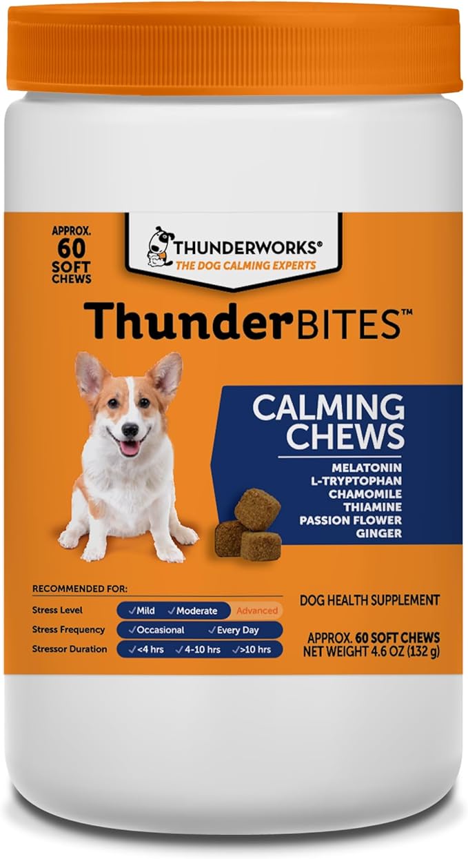 ThunderBites Dog Calming Chews, Thiamine, L-Tryptophan, Melatonin and Ginger, Can Help Relieve Stress from Separation, Storms, Fireworks & Travel (60 Count), Formerly ThunderWunders