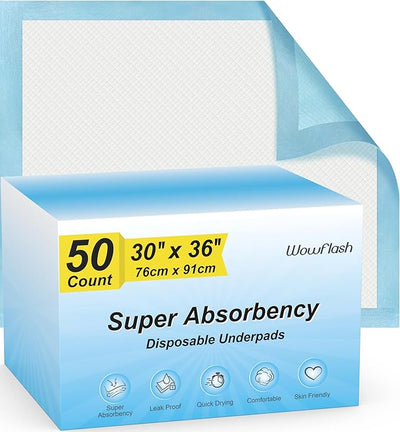 Wowflash Super Absorbency Disposable Leakproof Underpads with Quick Drying for Baby, Adults, Puppy, Dog Bed Pee Pads, Extra Large, XXL Incontinence Pads, 30” x 36”, 50 Count