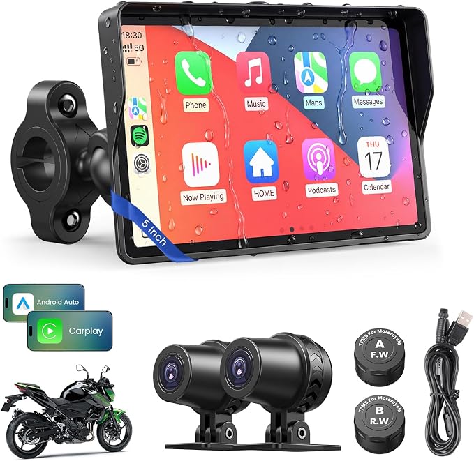 WonVon Motorcycle CarPlay Screen with Android Auto – 5” Waterproof GPS, Pantalla para Moto, Apple CarPlay, Navigation System for Motorcycle, Dual 2K Dash Cam Bluetooth Audio & TPMS (No SD Card)